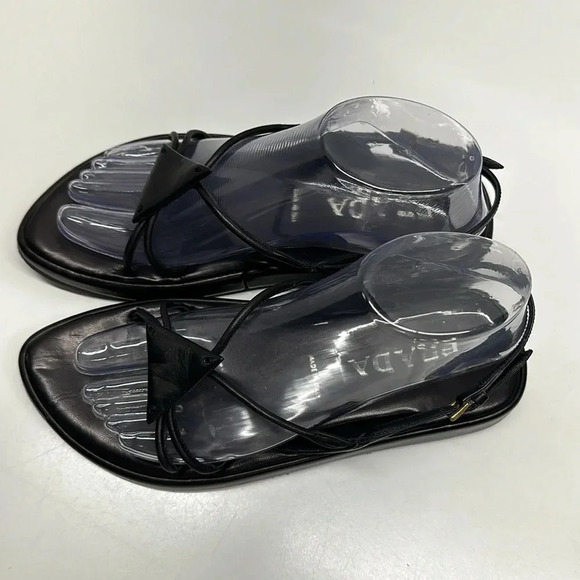 Prada Shoes - Prada Leather Sandals Flats Open Toe Ankle Strap Strappy Triangle Black Size 38